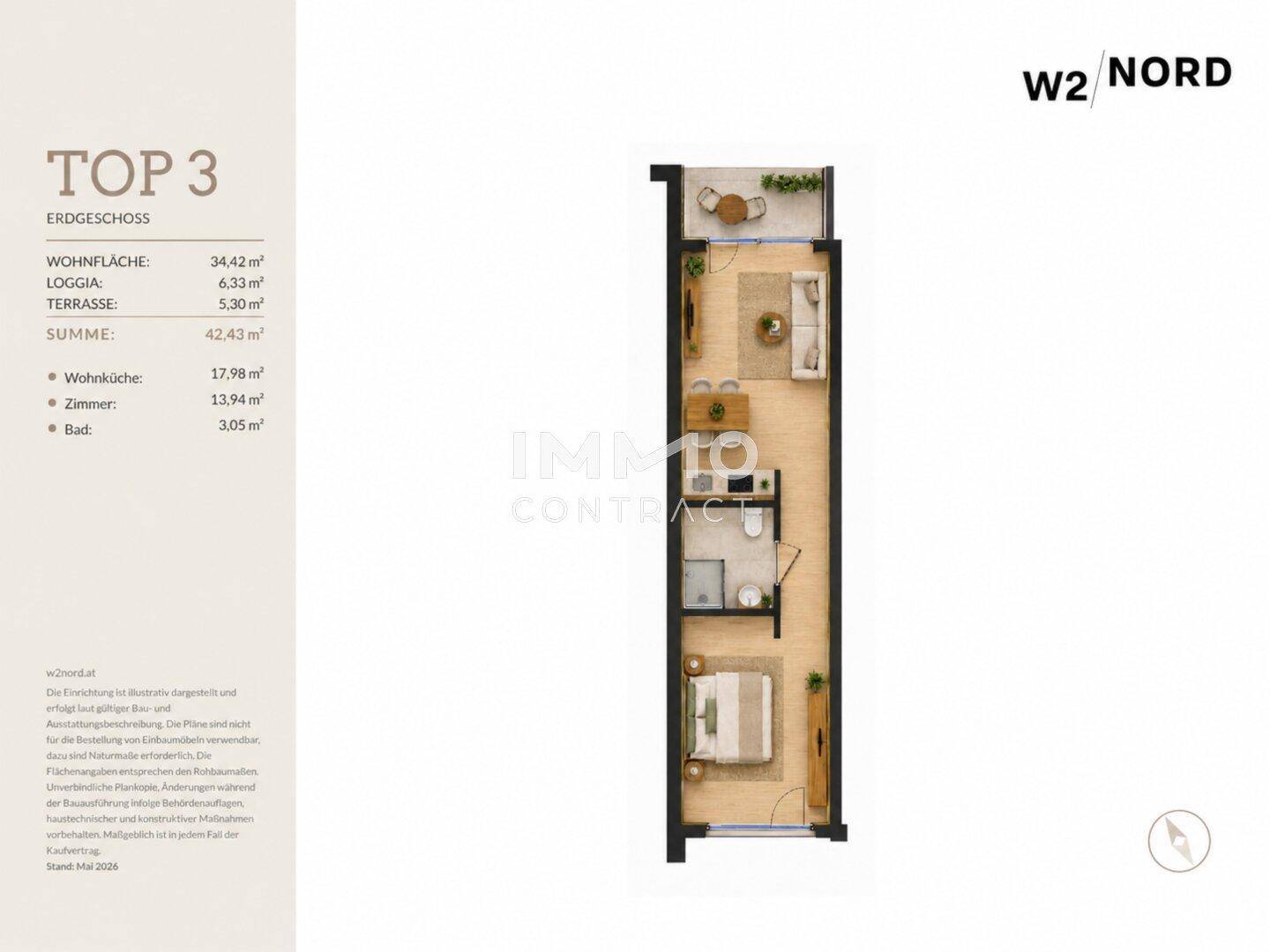 Grundriss für eine Erdgeschosswohnung mit Schlafzimmer, Wohnküche, Loggia und Terrasse.