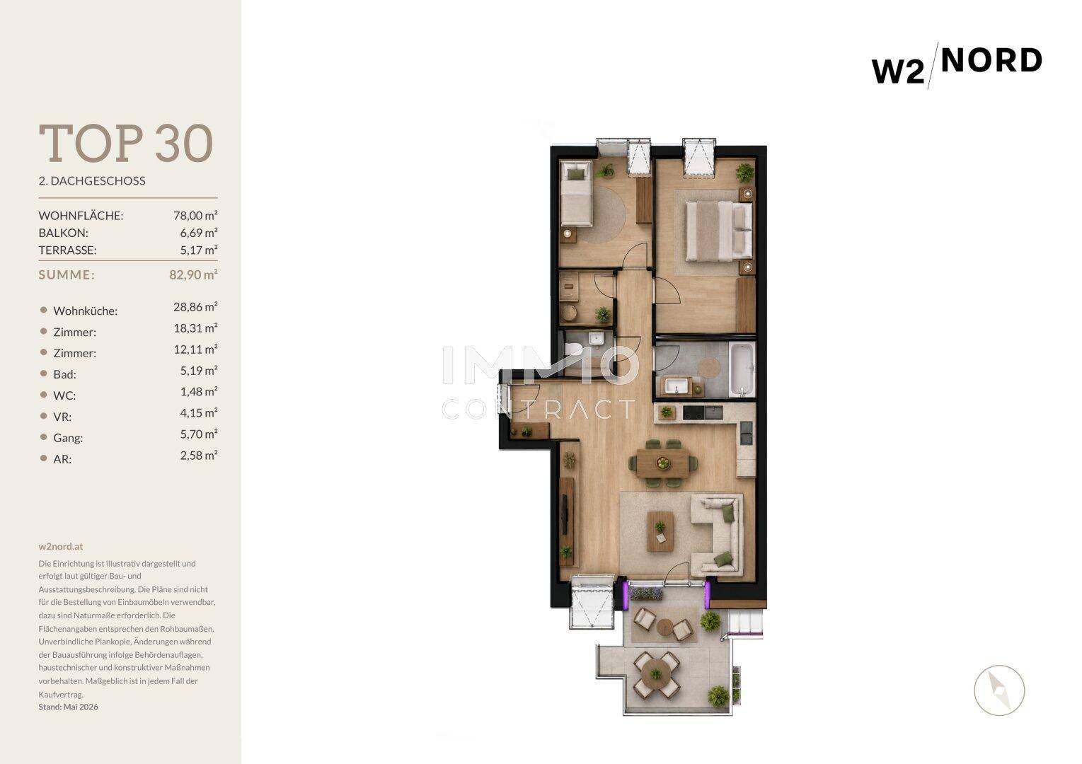 Grundriss der Wohnung W2 Nord im 2. Dachgeschoss mit Balkon und Terrasse.