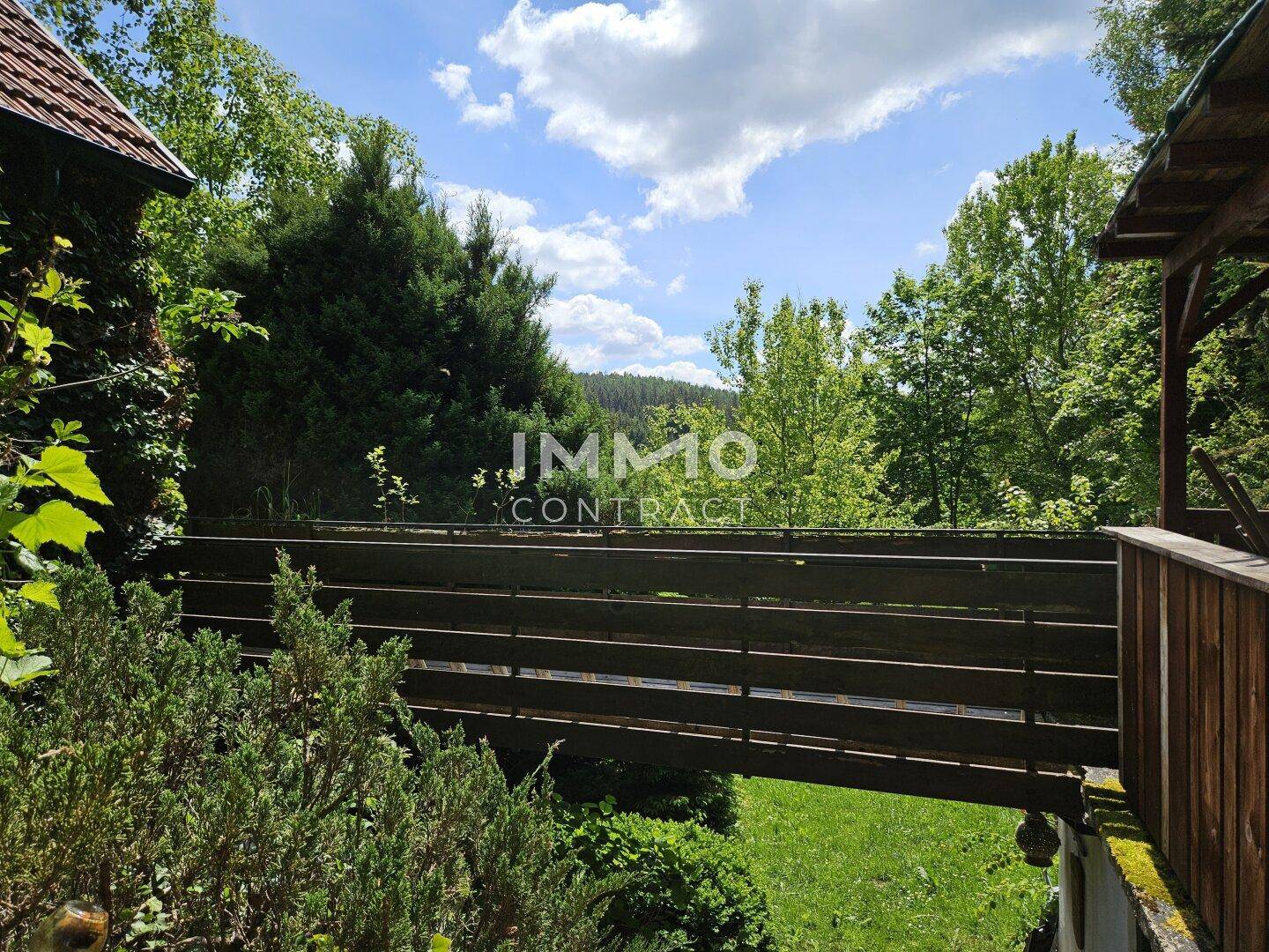 Erhöhter Holzsteg mit Blick auf die umliegende grüne Landschaft und den Wald.