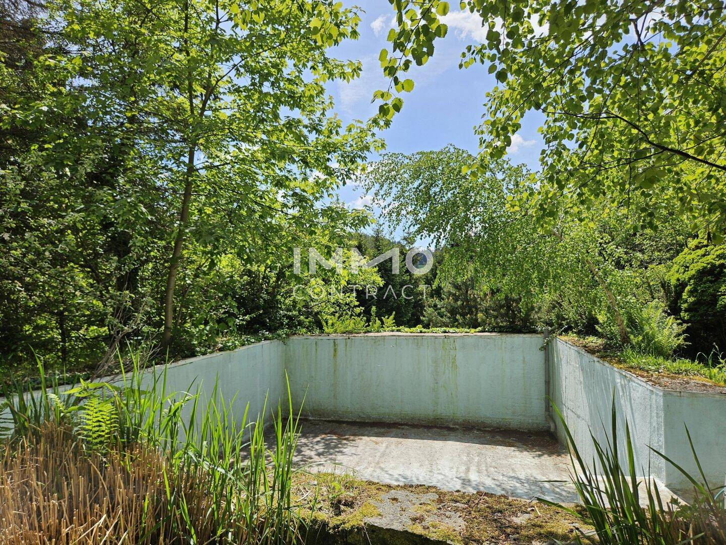 Unfertiges oder leeres Schwimmbecken im Freien, umgeben von viel Grün und Bäumen.