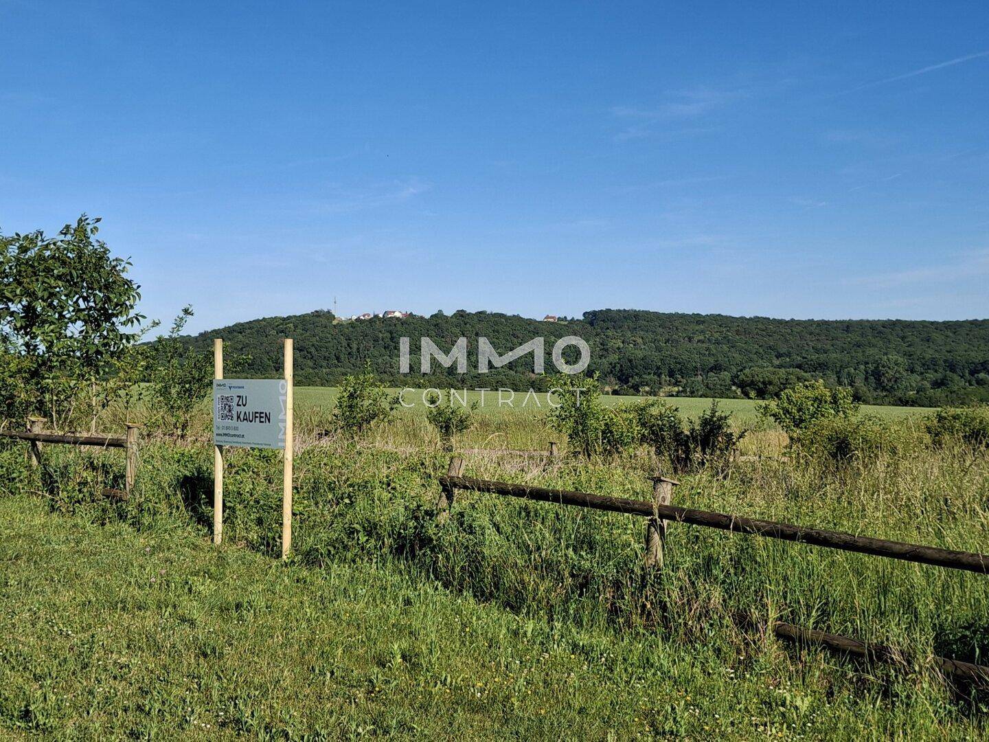 Weitläufige grüne Landschaft mit einem "ZU KAUFEN" Schild und bewaldeten Hügeln im Hintergrund.