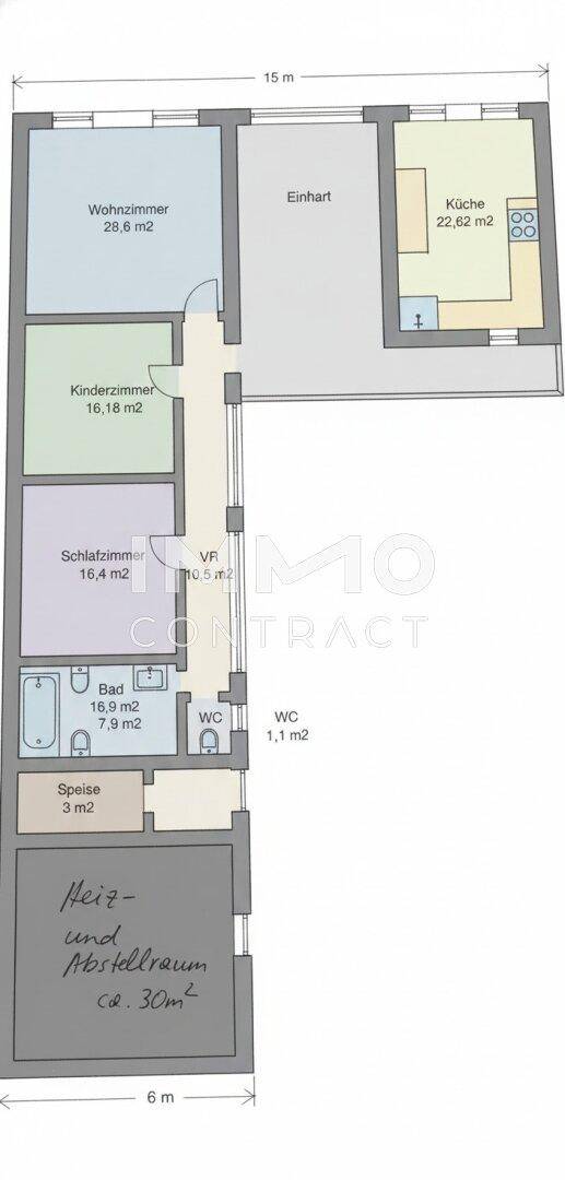 Grundriss des Erdgeschosses mit Wohnzimmer, Küche, Schlafzimmer und Bad.