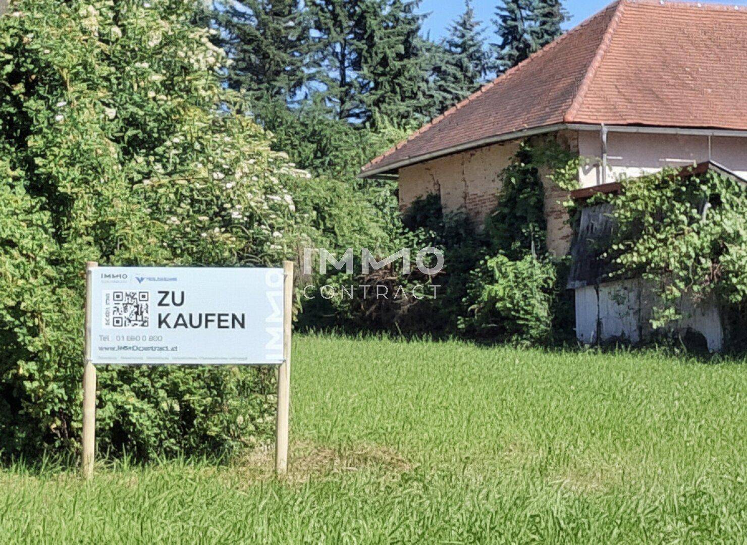 Verkaufsschild auf einer Wiese vor einem älteren Gebäude mit bewachsenen Mauern.