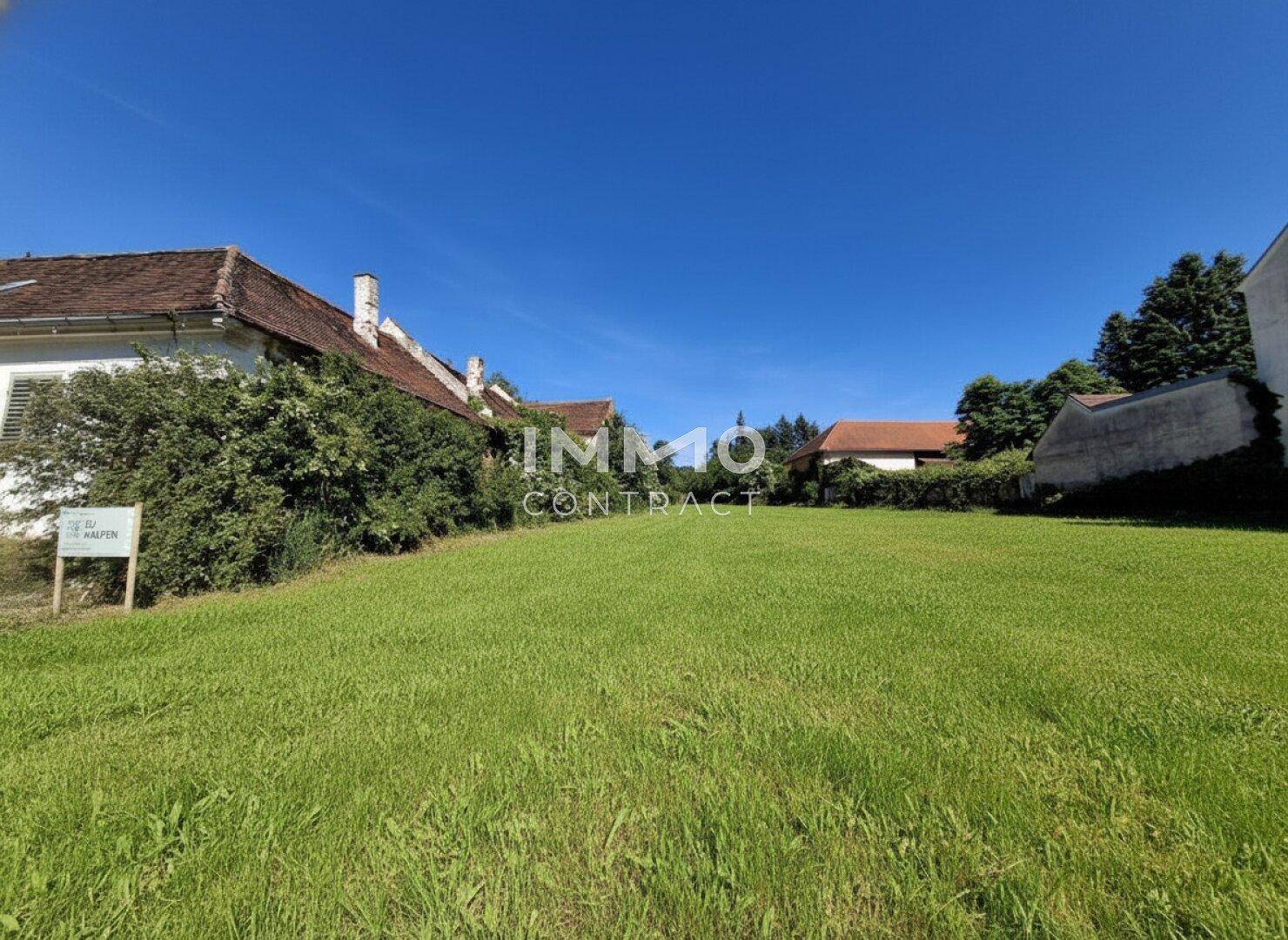 Weitläufige grüne Wiese mit traditionellen Gebäuden und üppiger Vegetation im Hintergrund.