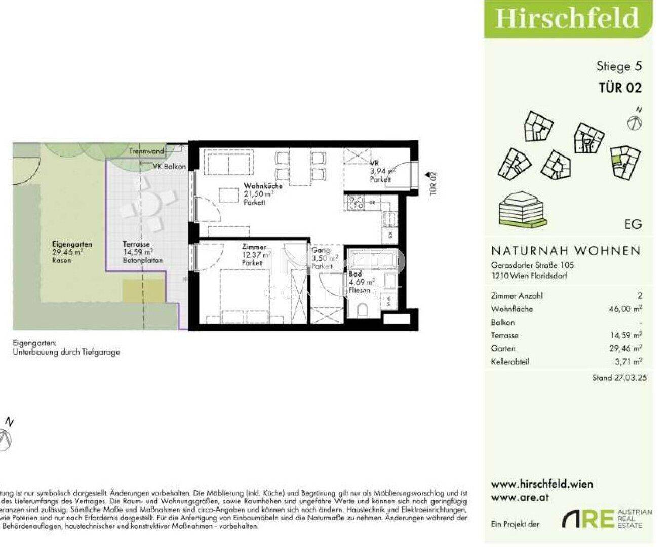 Grundriss einer Wohnung mit offener Wohnküche, Schlafzimmer, Bad und privaten Außenbereichen.