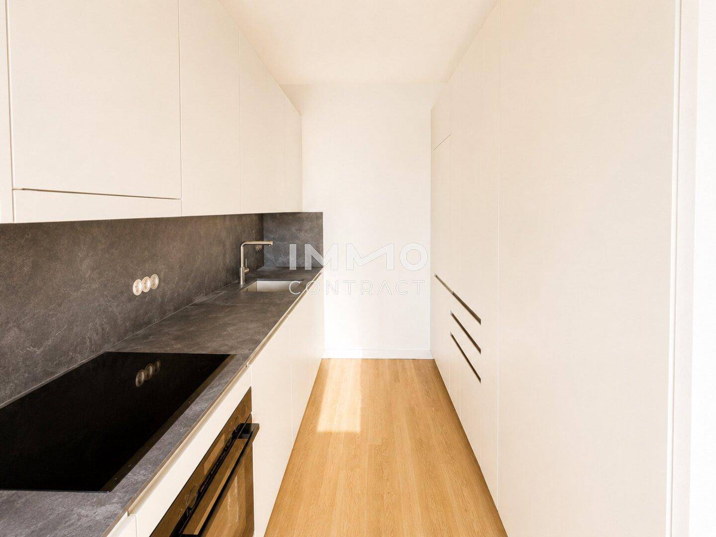 Moderne, schmale Küche mit weißen Schränken, dunkler Arbeitsplatte und Induktionskochfeld.