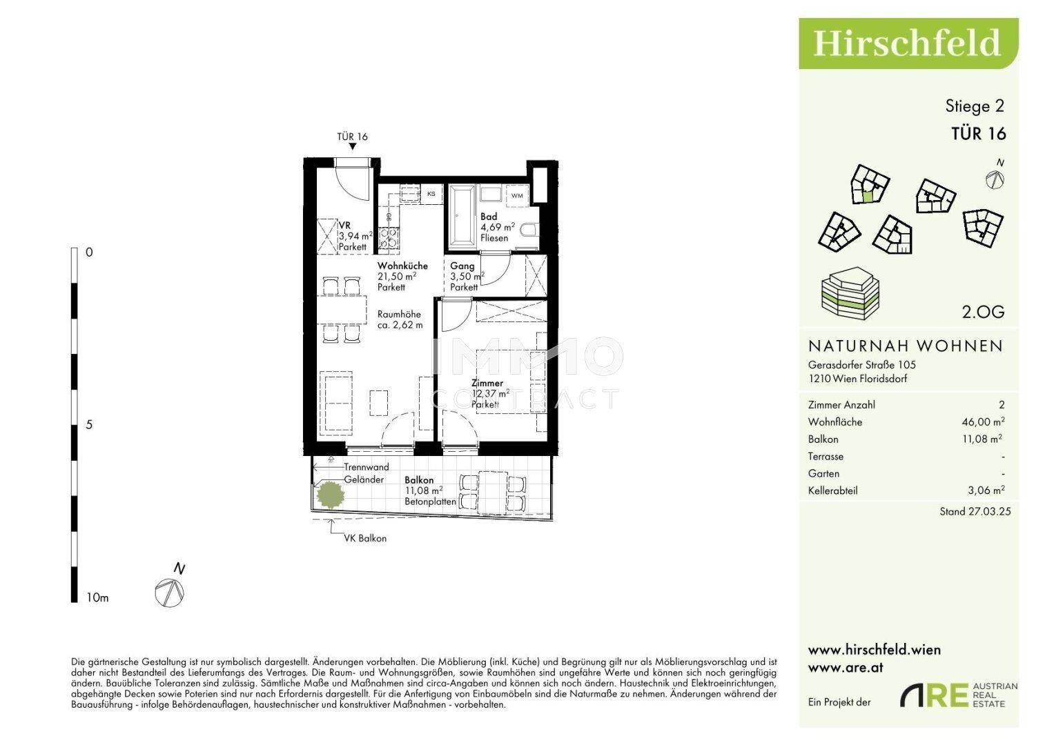 Grundriss einer Wohnung im 2. Obergeschoss mit zwei Zimmern und Balkon.