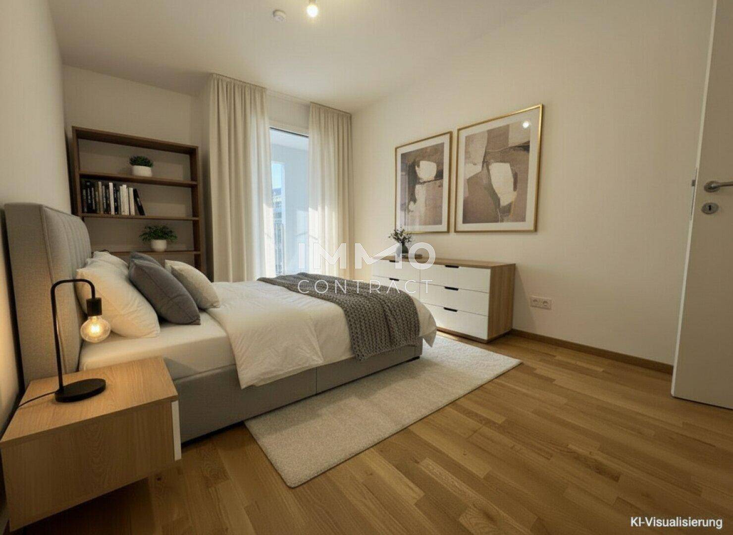 Gemütliches Schlafzimmer mit Holzboden, modernem Bett und dekorativen Elementen.