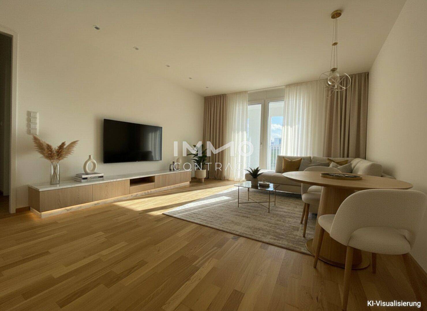 Helles Wohn-Esszimmer mit Eichenparkett, modernem Mobiliar und Zugang zum Balkon.