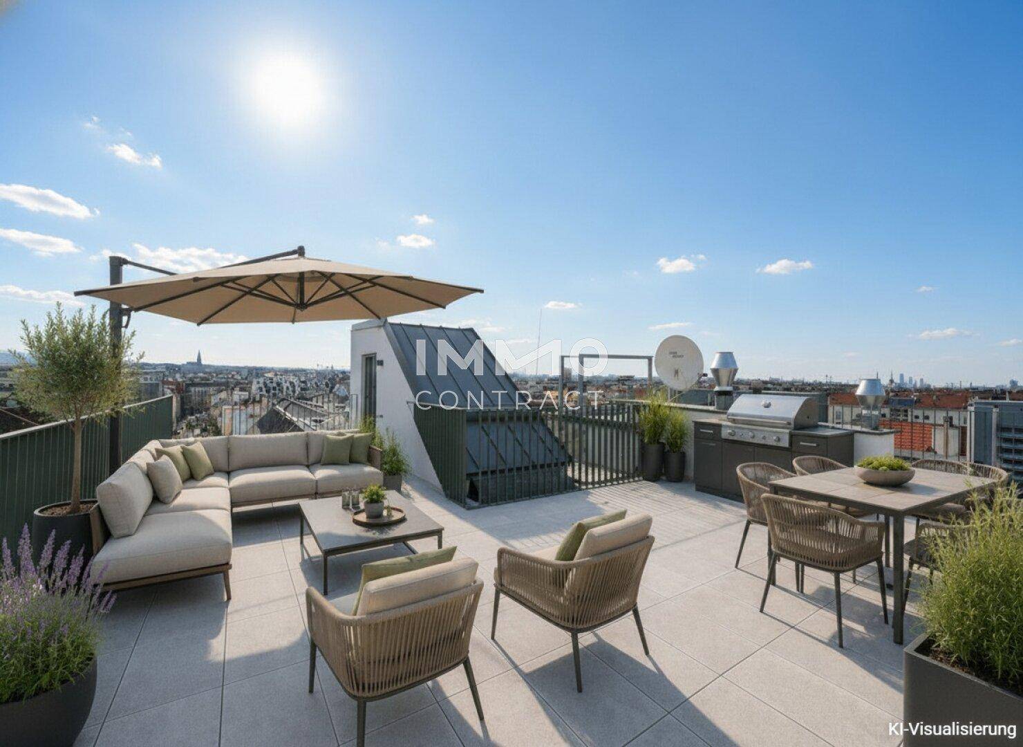 Geräumige Dachterrasse mit Lounge-Möbeln, Essbereich und Grill, ideal für Entspannung mit Panoramablick über die Stadt.