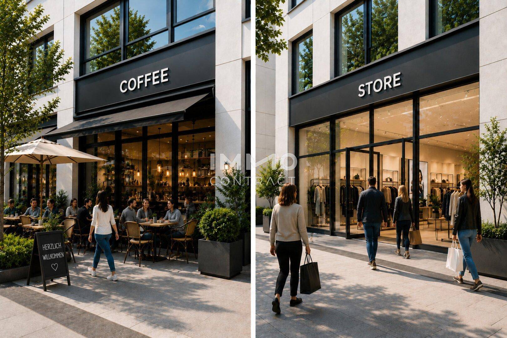 Zwei Außenansichten von modernen Geschäftsgebäuden mit einem Café und einem Einzelhandelsgeschäft in urbaner Umgebung.