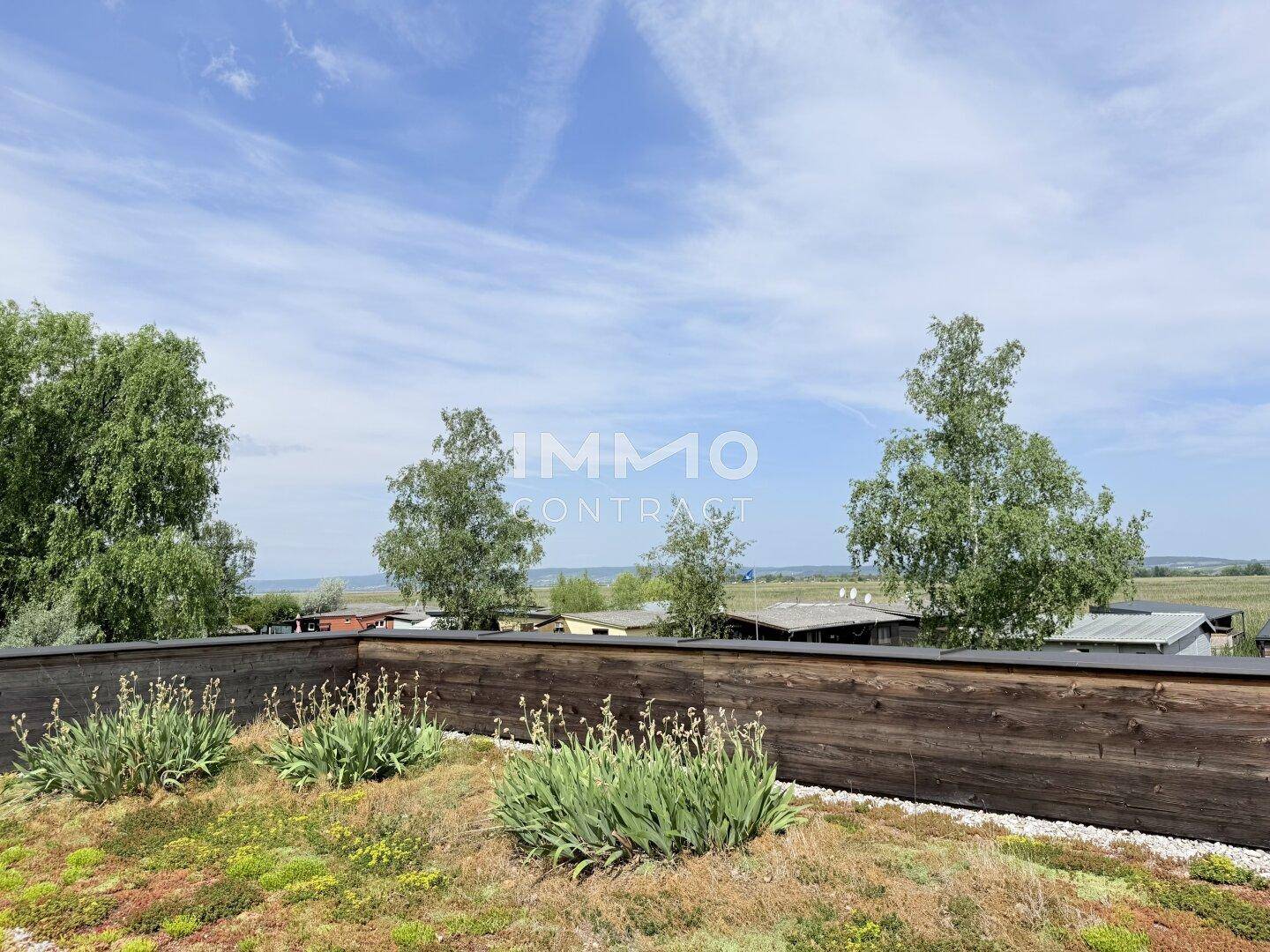 Gründach mit Pflanzen und weitem Blick auf die Landschaft und den See im Hintergrund.