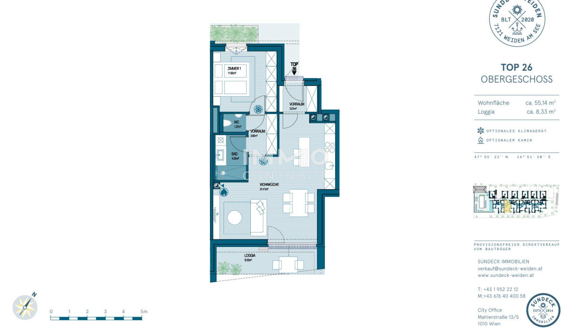 Grundriss einer Obergeschosswohnung mit einem Schlafzimmer, offener Wohnküche und Loggia.