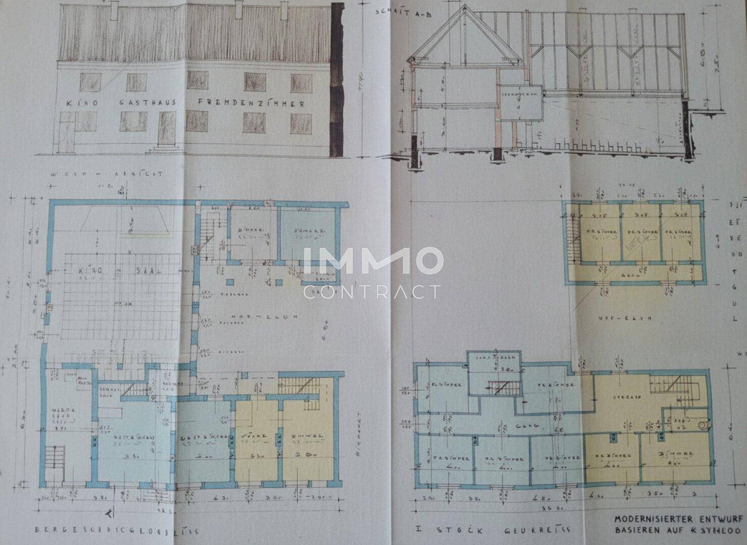 Umfassende architektonische Pläne mit Grundrissen und Ansichten des Gebäudes.