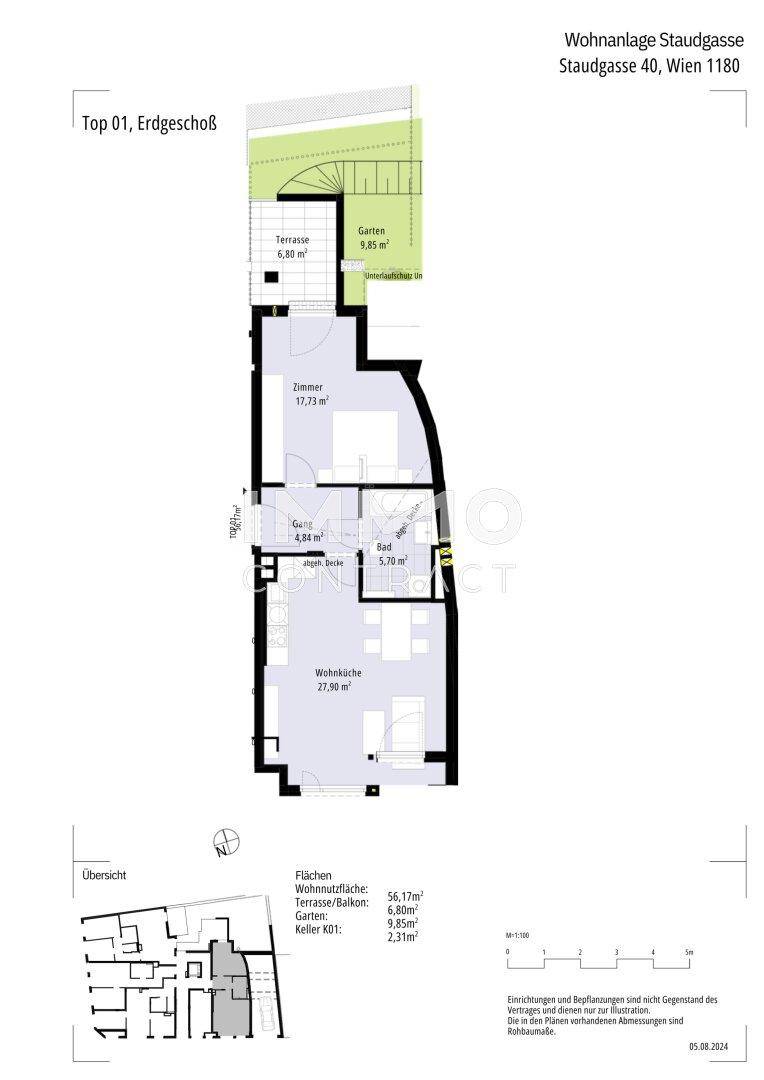 Grundriss des Erdgeschosses mit Wohnküche, Zimmer, Bad, Terrasse und Garten.