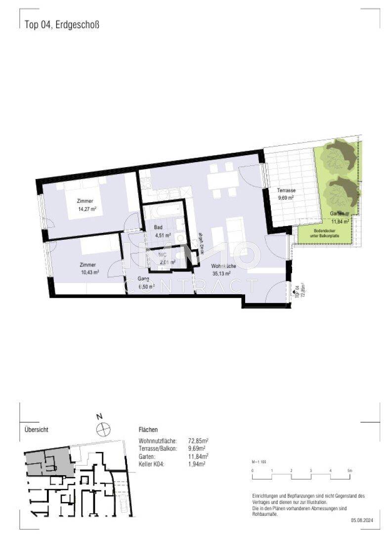 Übersichtlicher Grundriss des Erdgeschosses mit offener Wohnküche, zwei Zimmern und Terrasse.