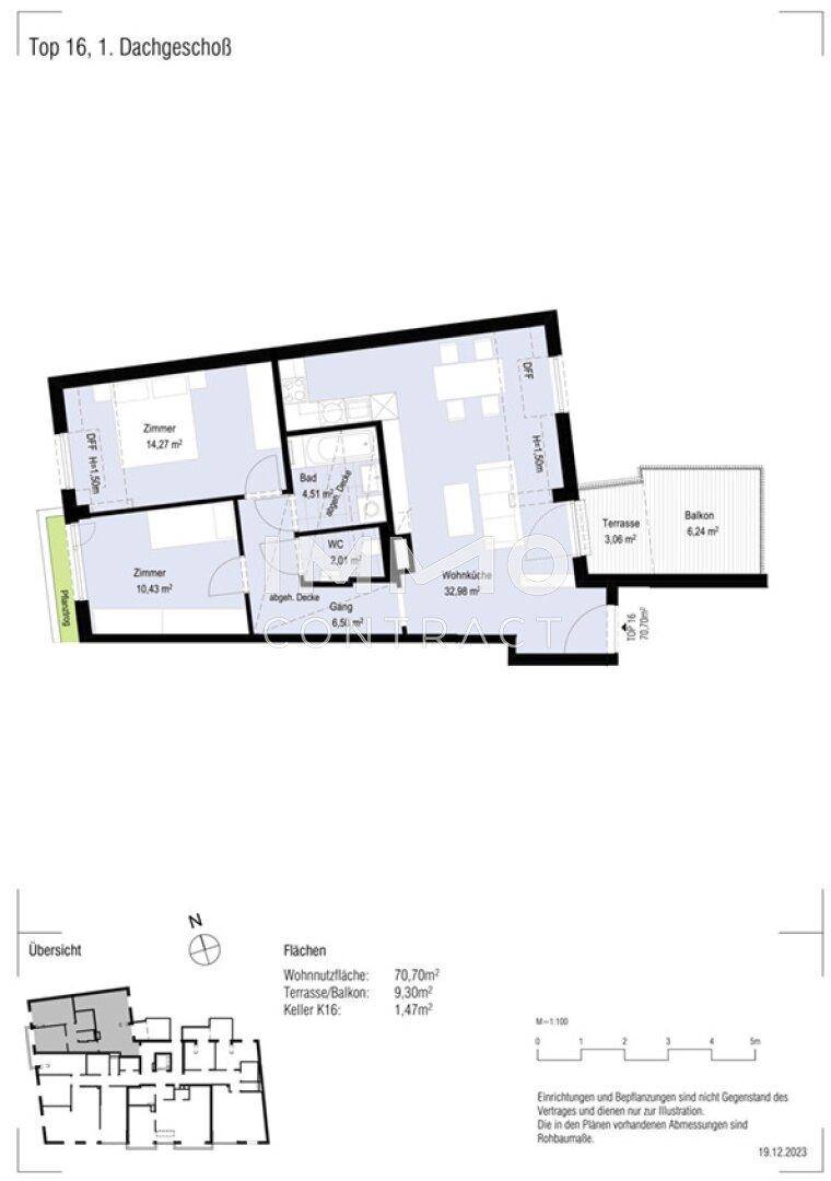 Grundriss der Wohnung mit zwei Zimmern, Bad, WC, Balkon und Terrasse.