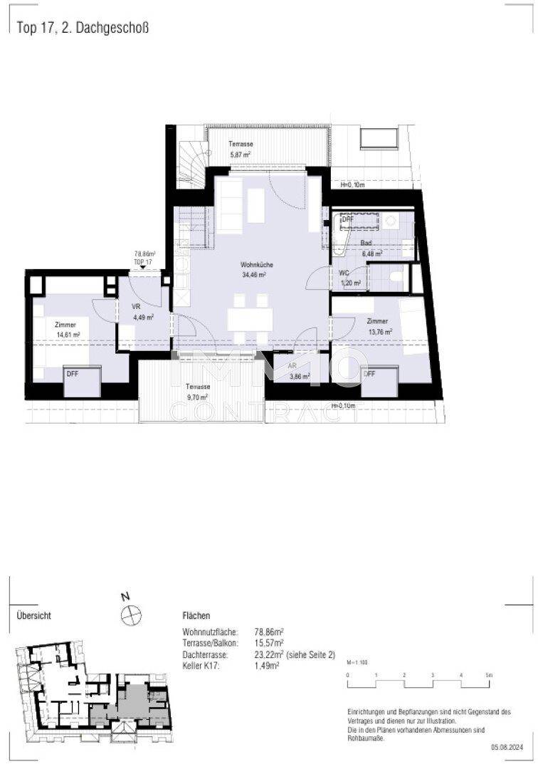Grundriss des zweiten Dachgeschosses mit Wohnküche, zwei Zimmern und zwei Terrassen.
