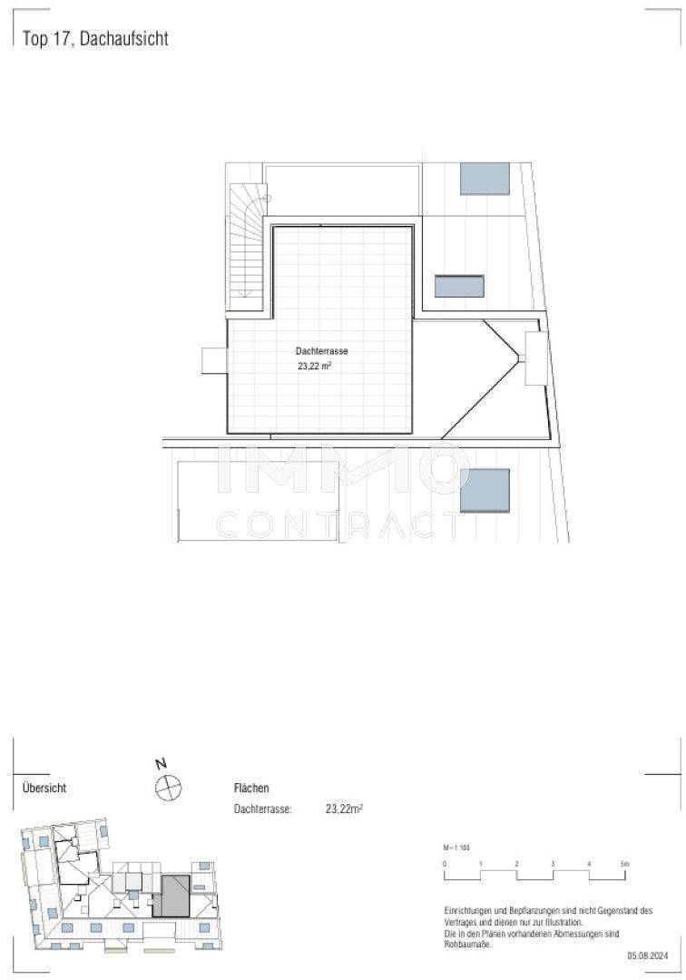Dachaufsicht des Objekts Top 17 mit einer großen Dachterrasse und weiteren Außenbereichen.