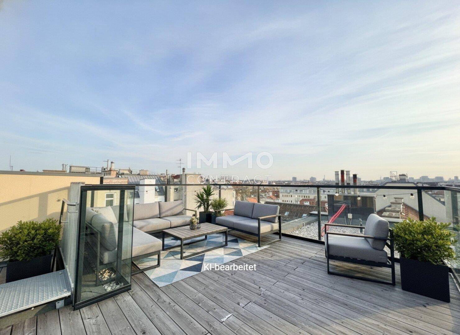 Geräumige Dachterrasse mit modernen Loungemöbeln, Holzboden und weitem Blick über die Stadt.