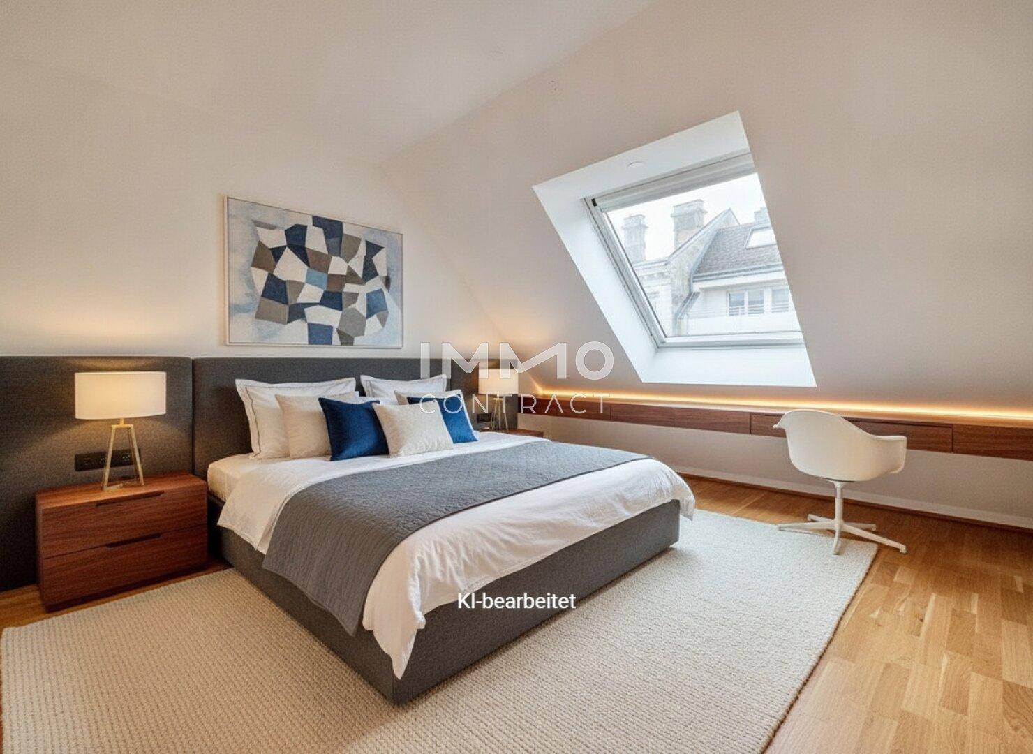 Gemütliches Schlafzimmer im Dachgeschoss mit Holzboden, großem Bett und einem hellen Dachfenster.