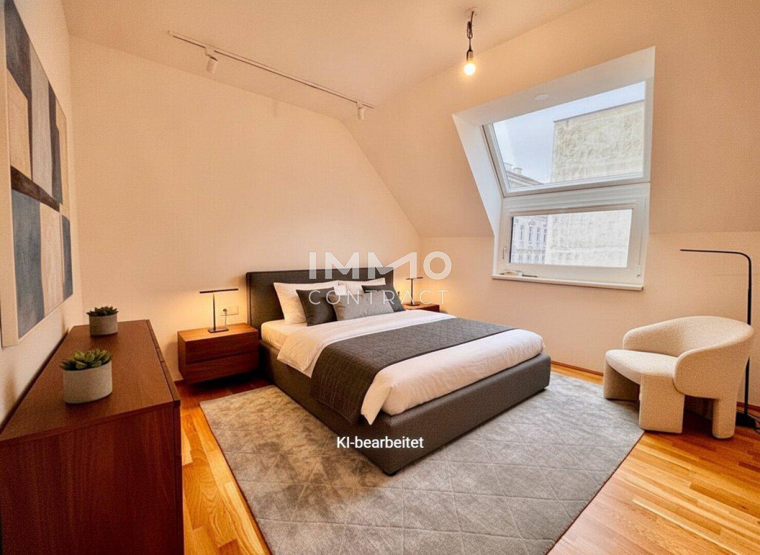 Helles Schlafzimmer mit großem Fenster, Doppelbett und modernem Interieur.