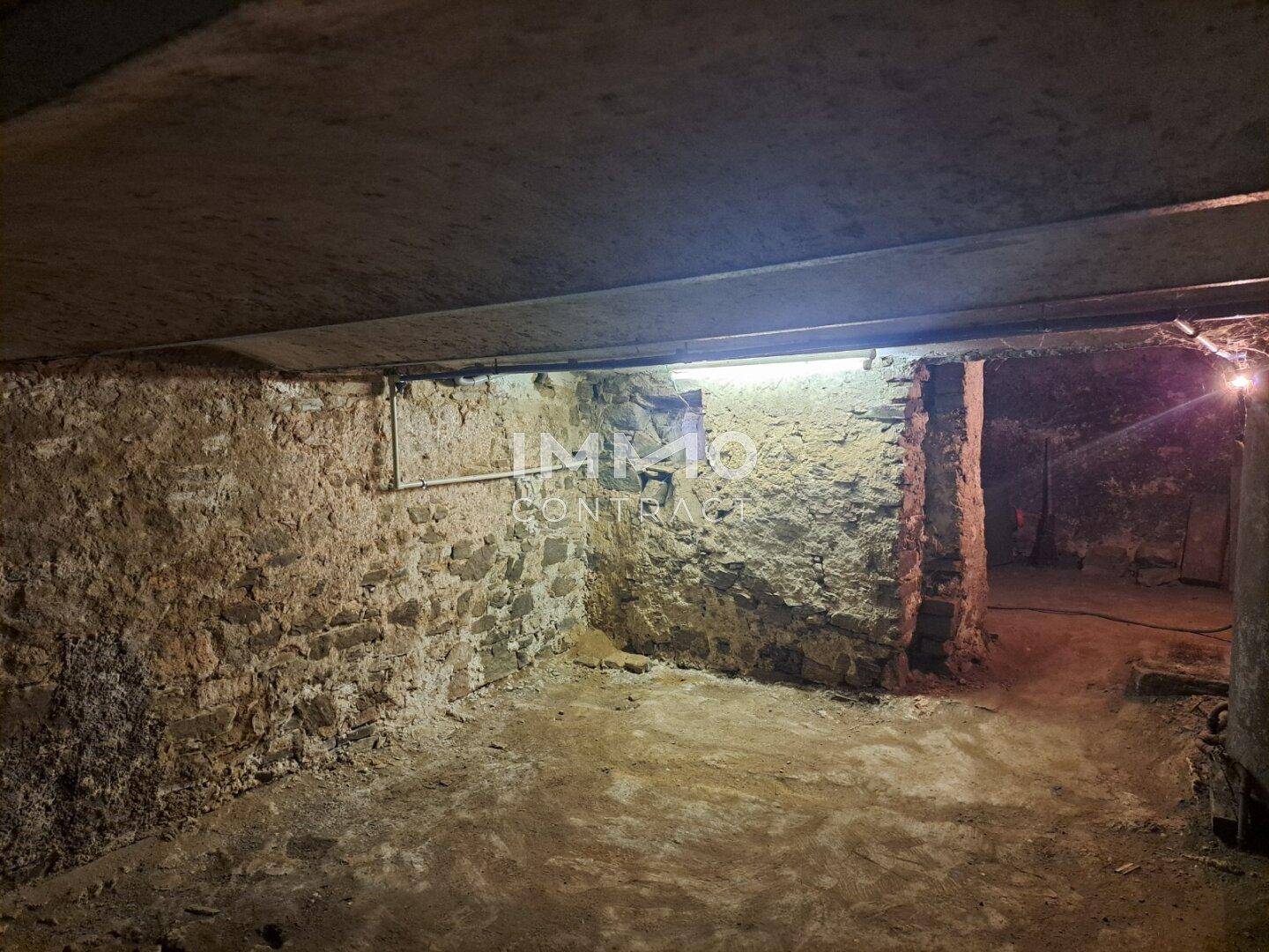 Unausgebauter Kellerraum mit Natursteinwänden und Betonboden.