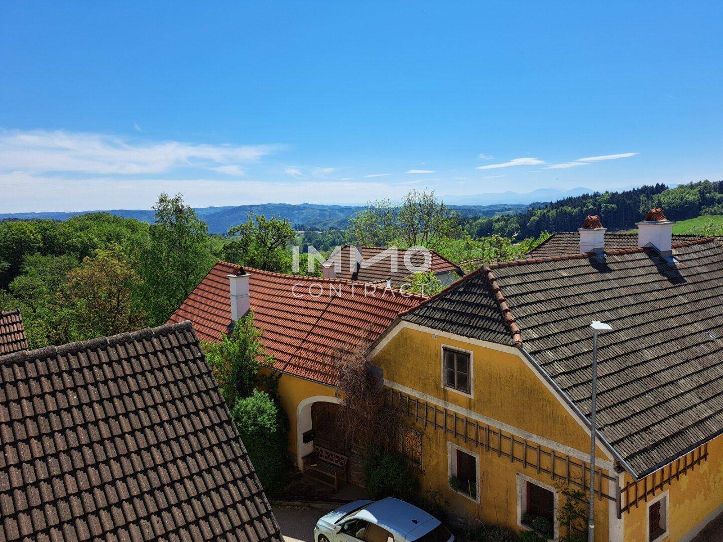 Panoramablick über die Dächer der Häuser und die umliegende grüne Landschaft.