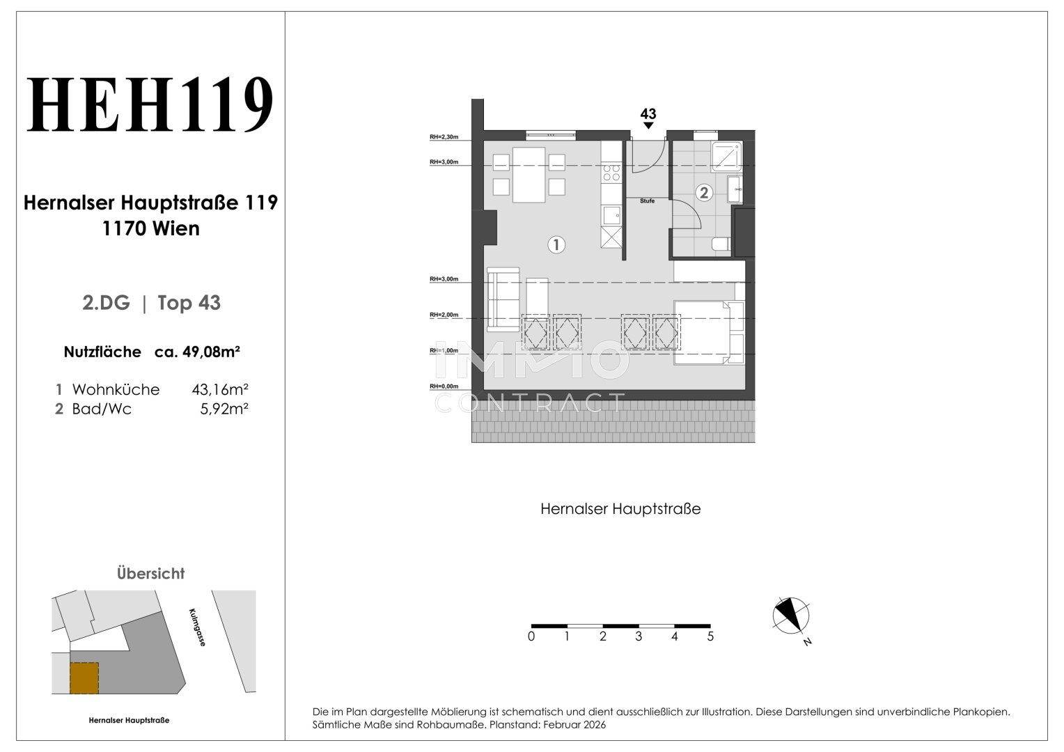 Grundriss der Wohnung mit 49,08m² Nutzfläche und klarer Raumaufteilung, inklusive Balkon.