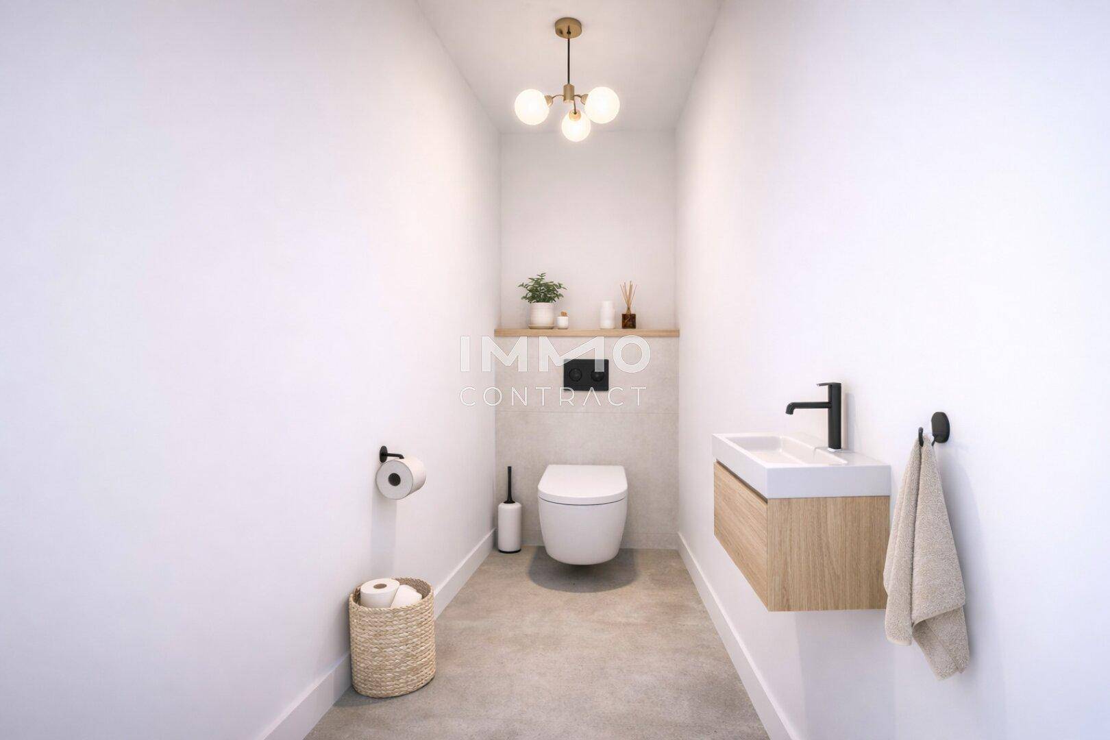 Modernes Gäste-WC mit schwebendem Waschtisch, Wand-WC und minimalistischer Beleuchtung.