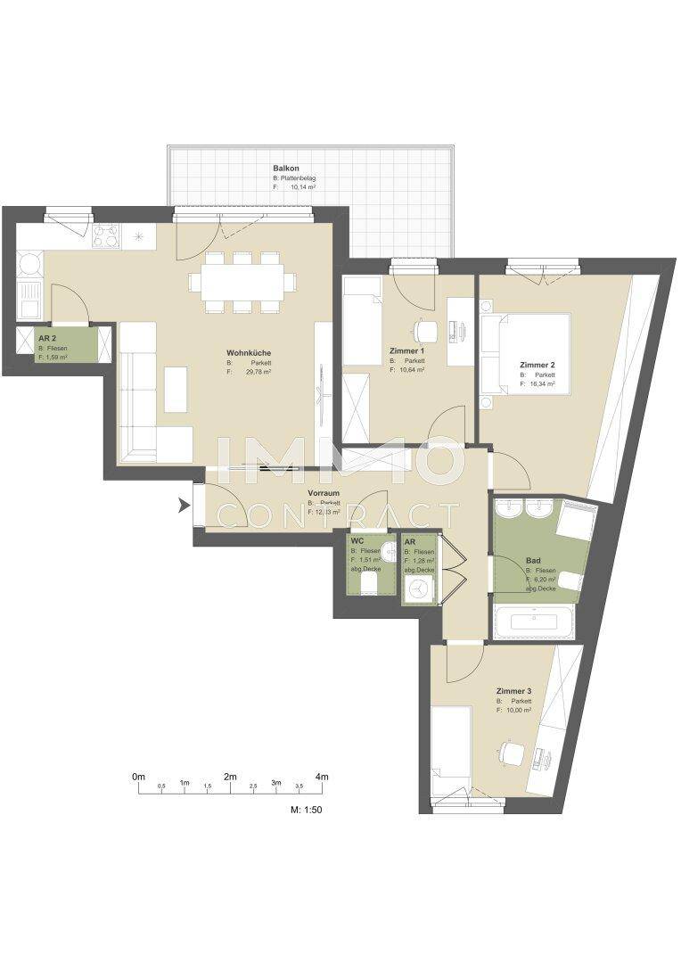 Detaillierter Grundriss einer Wohnung mit drei Zimmern, Wohnküche und Balkon.