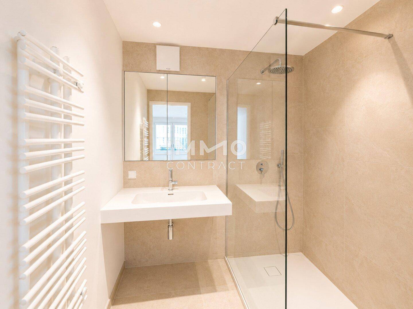 Modernes Badezimmer mit begehbarer Dusche, Einzelwaschbecken und beheiztem Handtuchhalter.