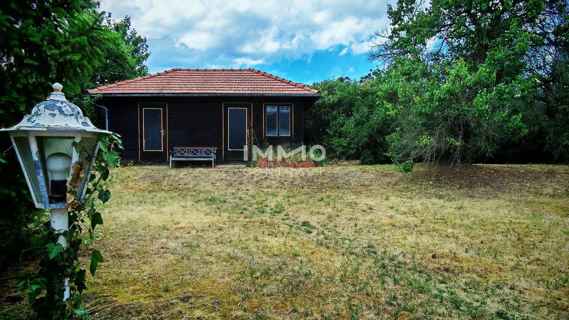Kleines Holzhaus im Garten mit alter Laterne im Vordergrund, umgeben von viel Grün.