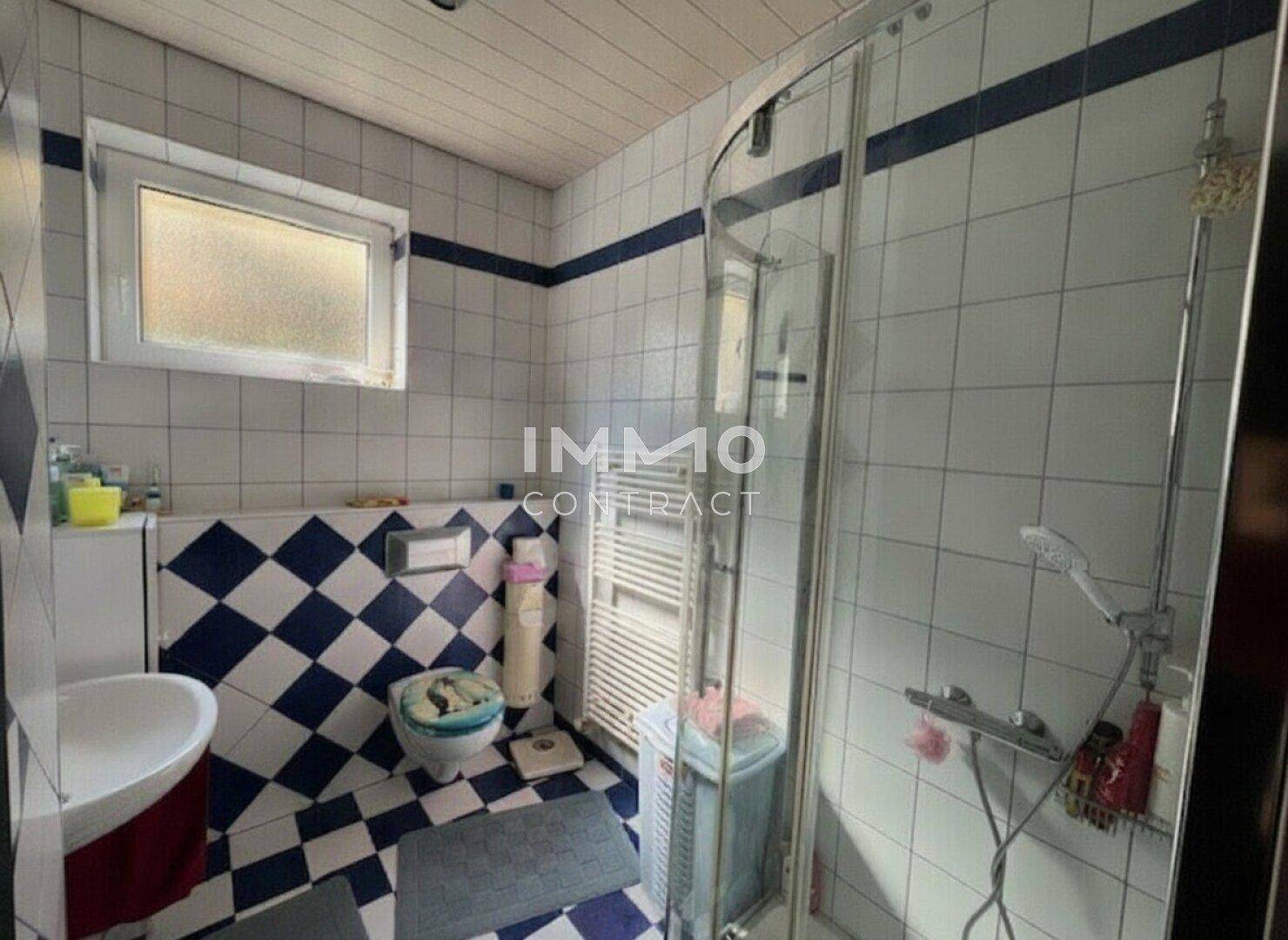 Badezimmer mit blau-weiß karierten Fliesen, Duschkabine, Waschbecken und Fenster.