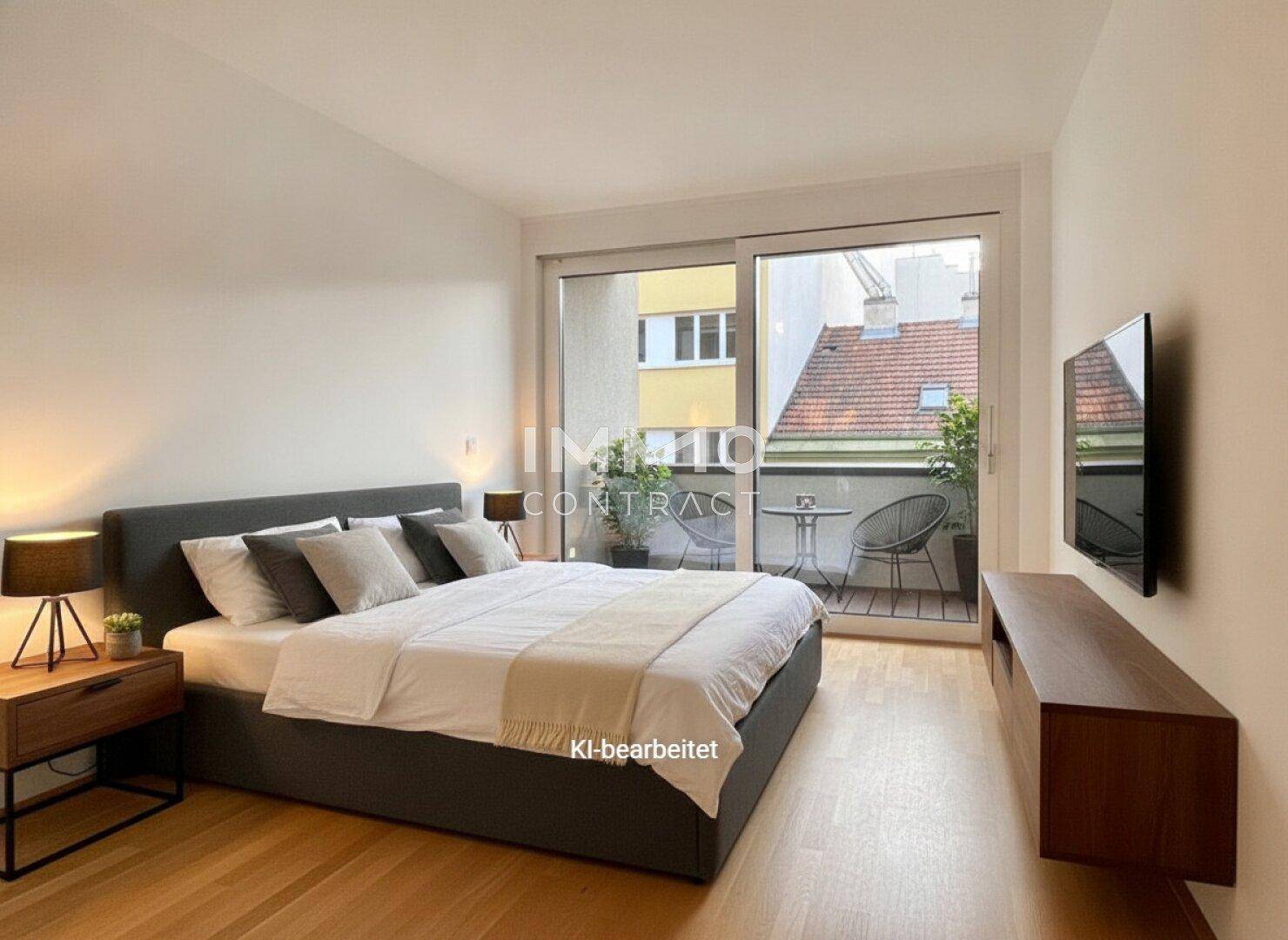 Gemütliches Schlafzimmer mit Doppelbett, Holzboden und direktem Zugang zum privaten Balkon.