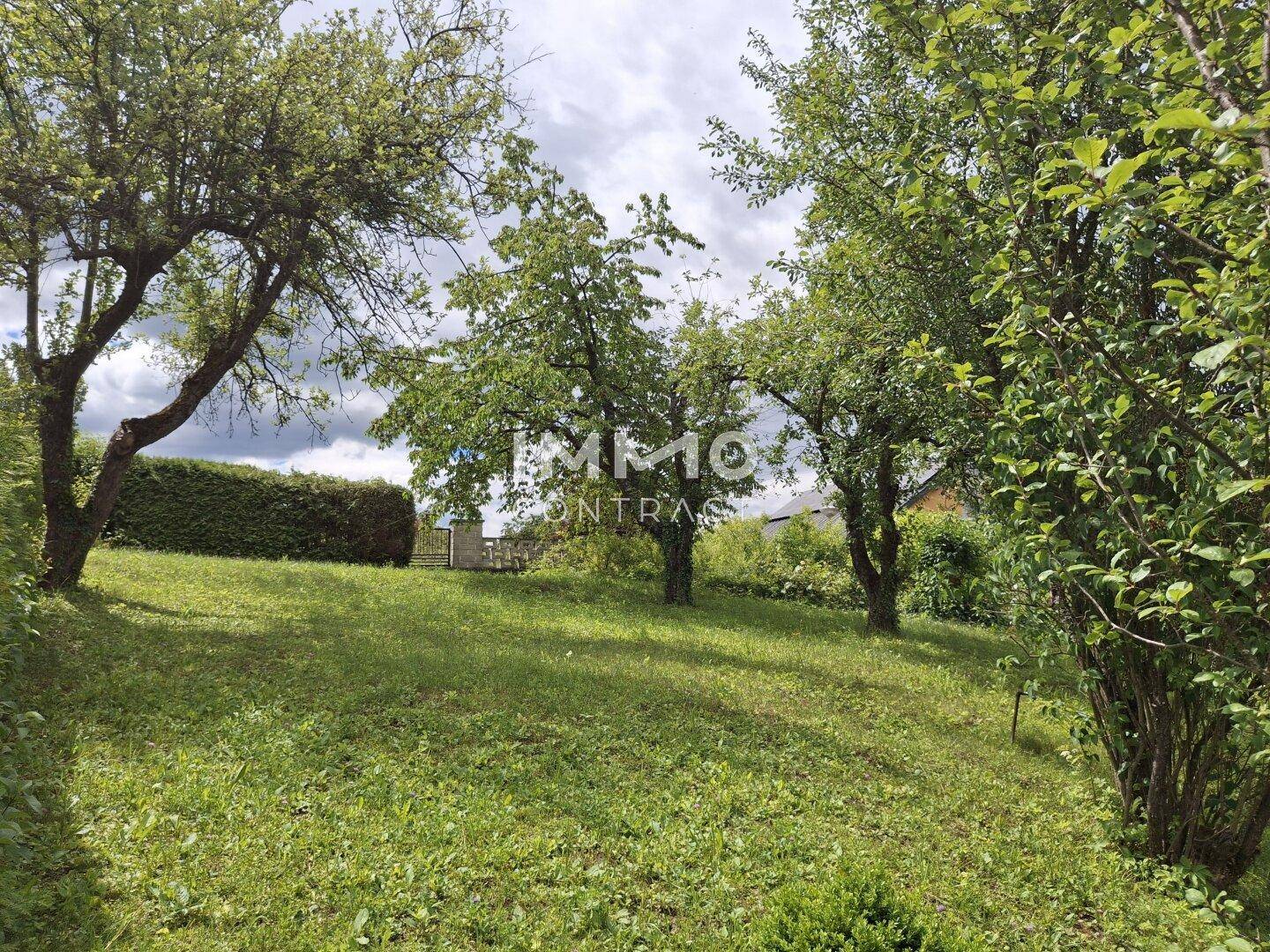 Großer Gartenbereich mit altem Baumbestand und gepflegtem Rasen unter bewölktem Himmel.