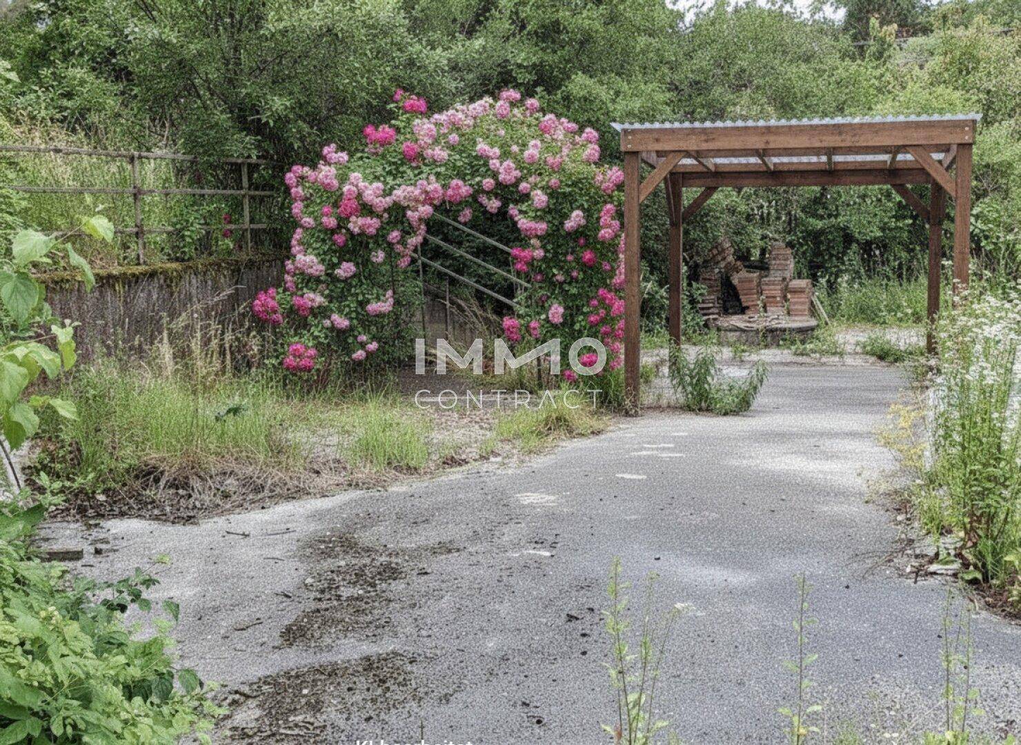 Gartenbereich mit einer Holzpergola und üppigen Rosenbüschen, umgeben von Wildwuchs.