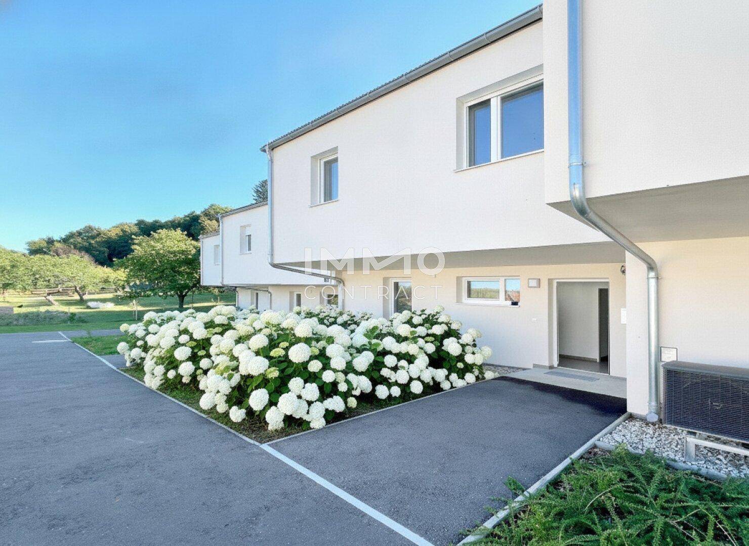 Moderne weiße Fassade eines Neubaus mit großen Fenstern und gepflegten Hortensienbeeten im Vorgarten.