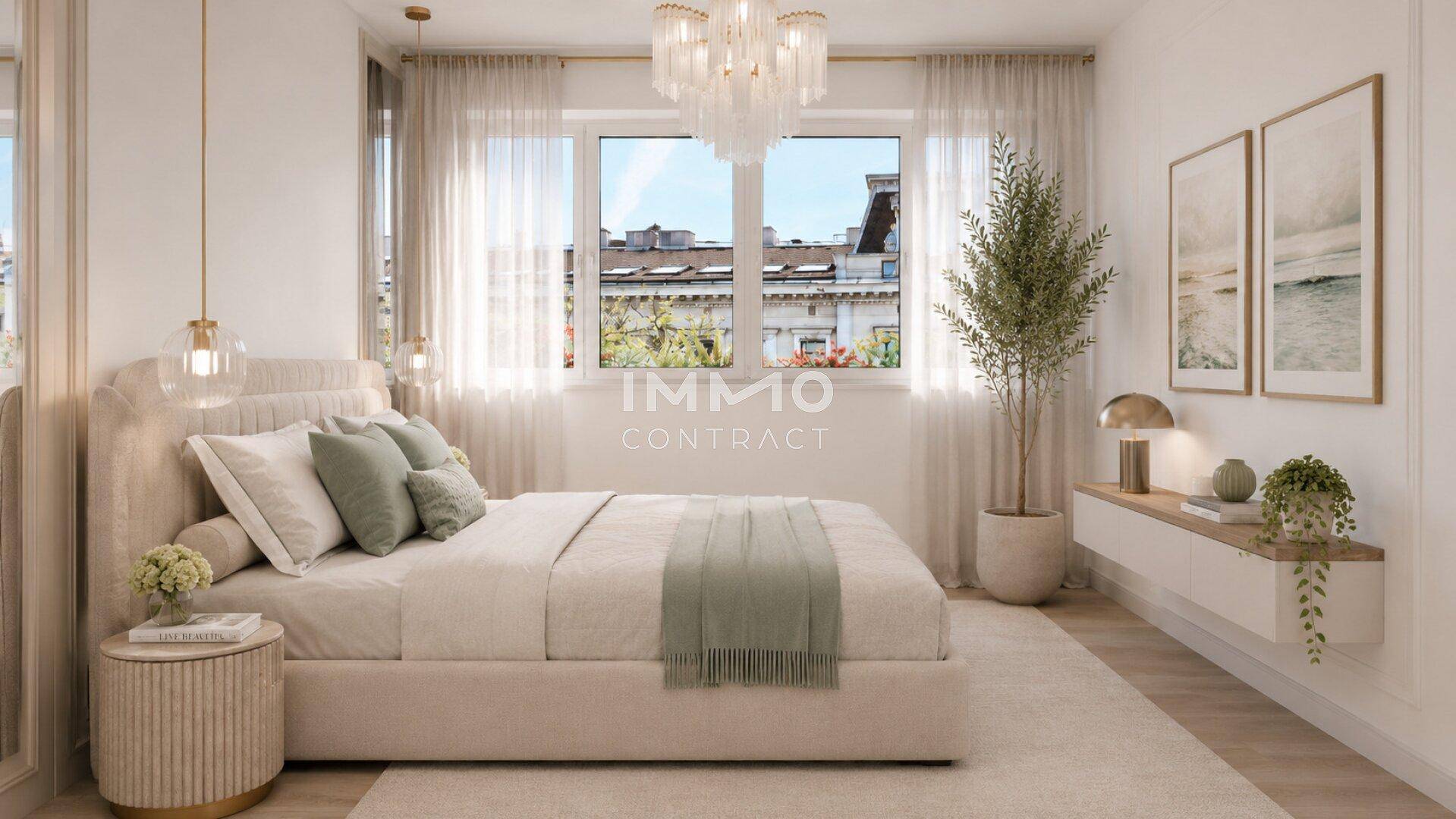 Helles Schlafzimmer mit modernem Bett, elegantem Kronleuchter und Blick auf die umliegenden Gebäude.