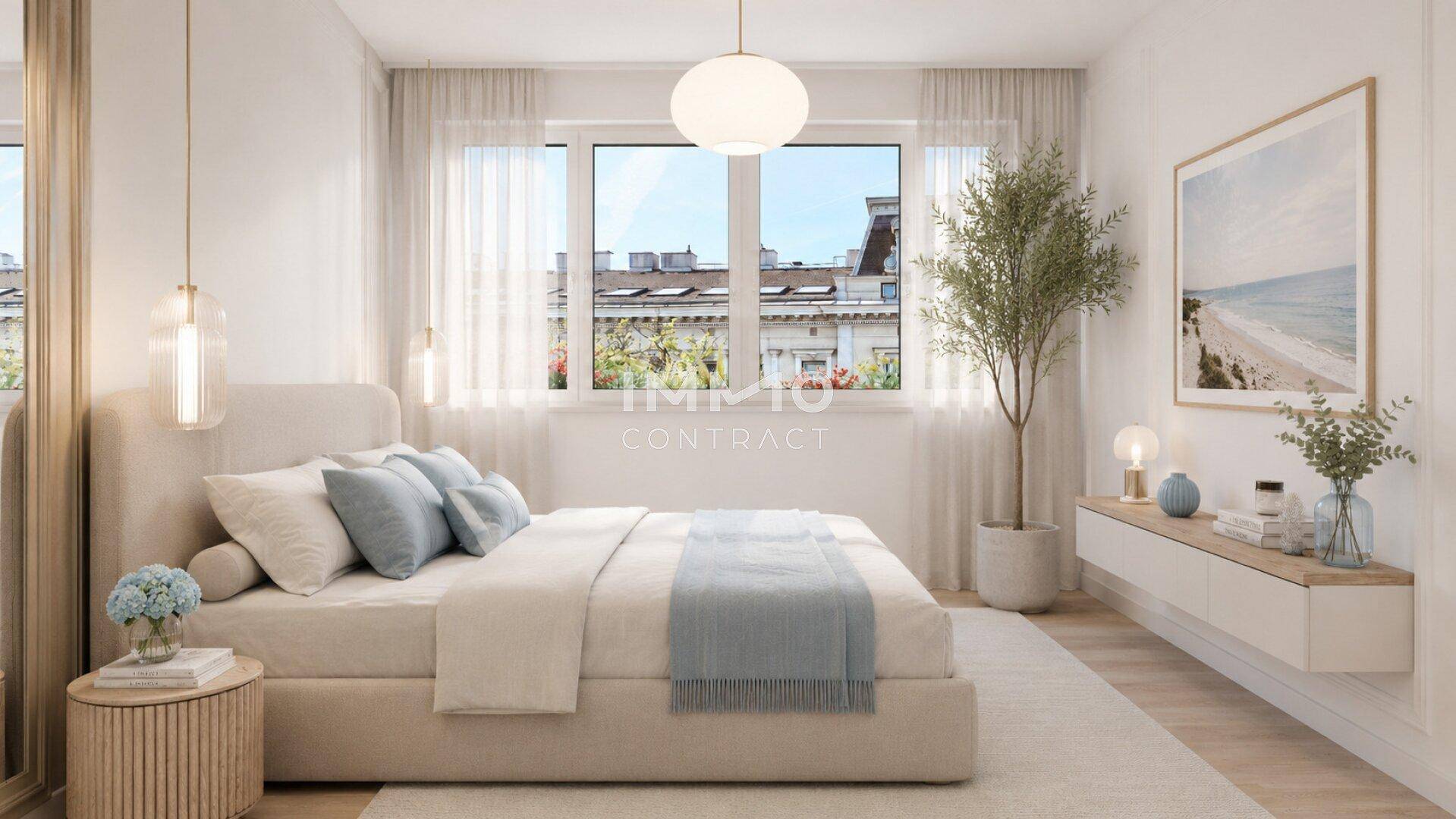Helles Schlafzimmer mit großem Fenster, modernem Bett und minimalistischer Dekoration.
