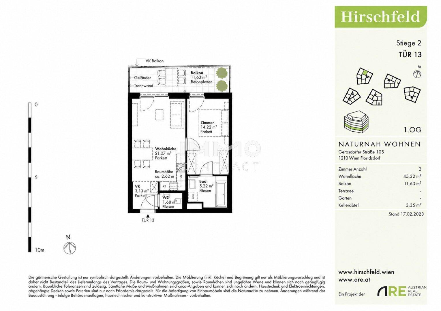 Grundriss der Wohnung mit 2 Zimmern, Balkon und einer Wohnfläche von 45,32 m².
