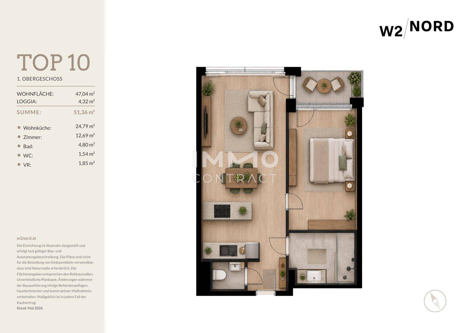 Detaillierter Grundriss einer Wohnung mit Wohnküche, Schlafzimmer und Loggia.