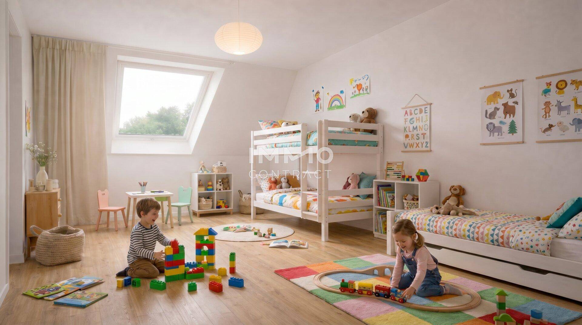 Helles Kinderzimmer mit Etagenbett, Einzelbett und großem Dachfenster.