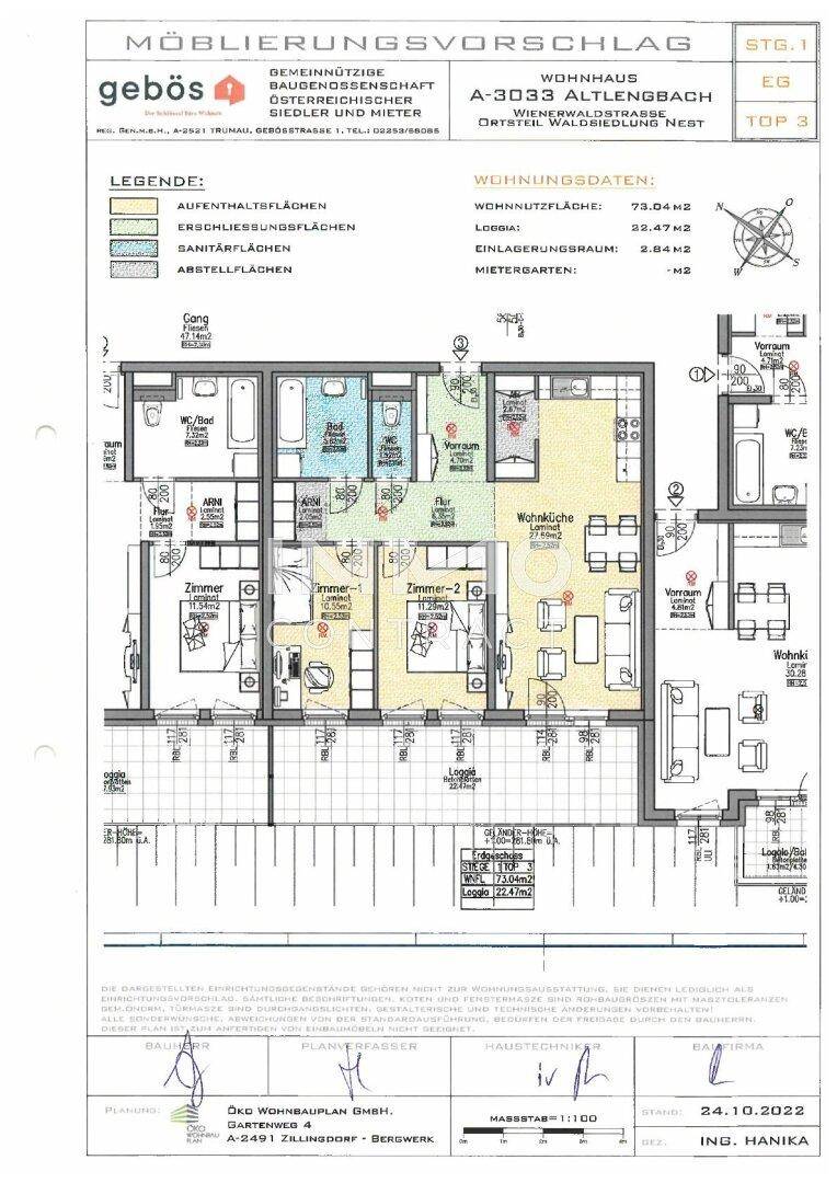 Detaillierter Grundriss einer Wohnung mit mehreren Zimmern und Wohnflächenangaben.