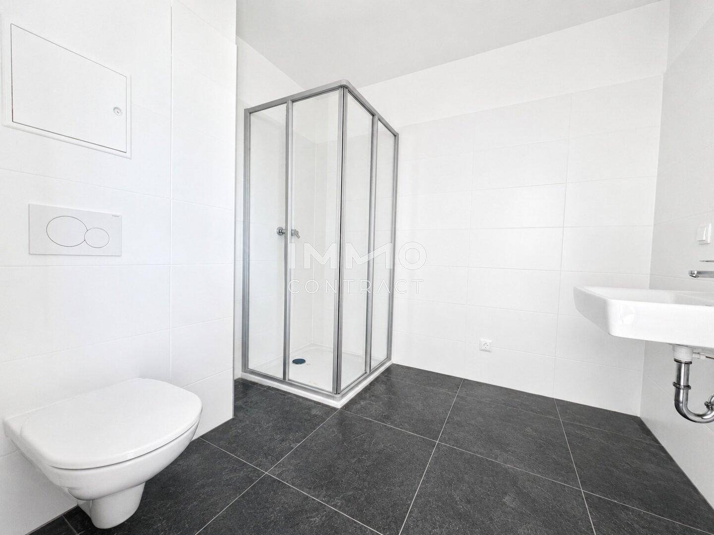 Modernes Badezimmer mit dunklen Fliesen, wandhängendem WC und einer praktischen Eckduschkabine.