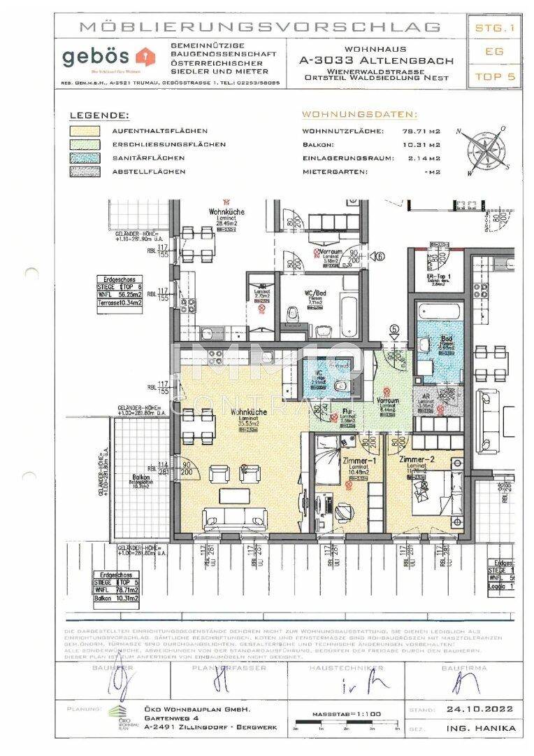 Detaillierter Grundriss einer Wohnung mit Wohnbereich, Schlafzimmern und Balkon.