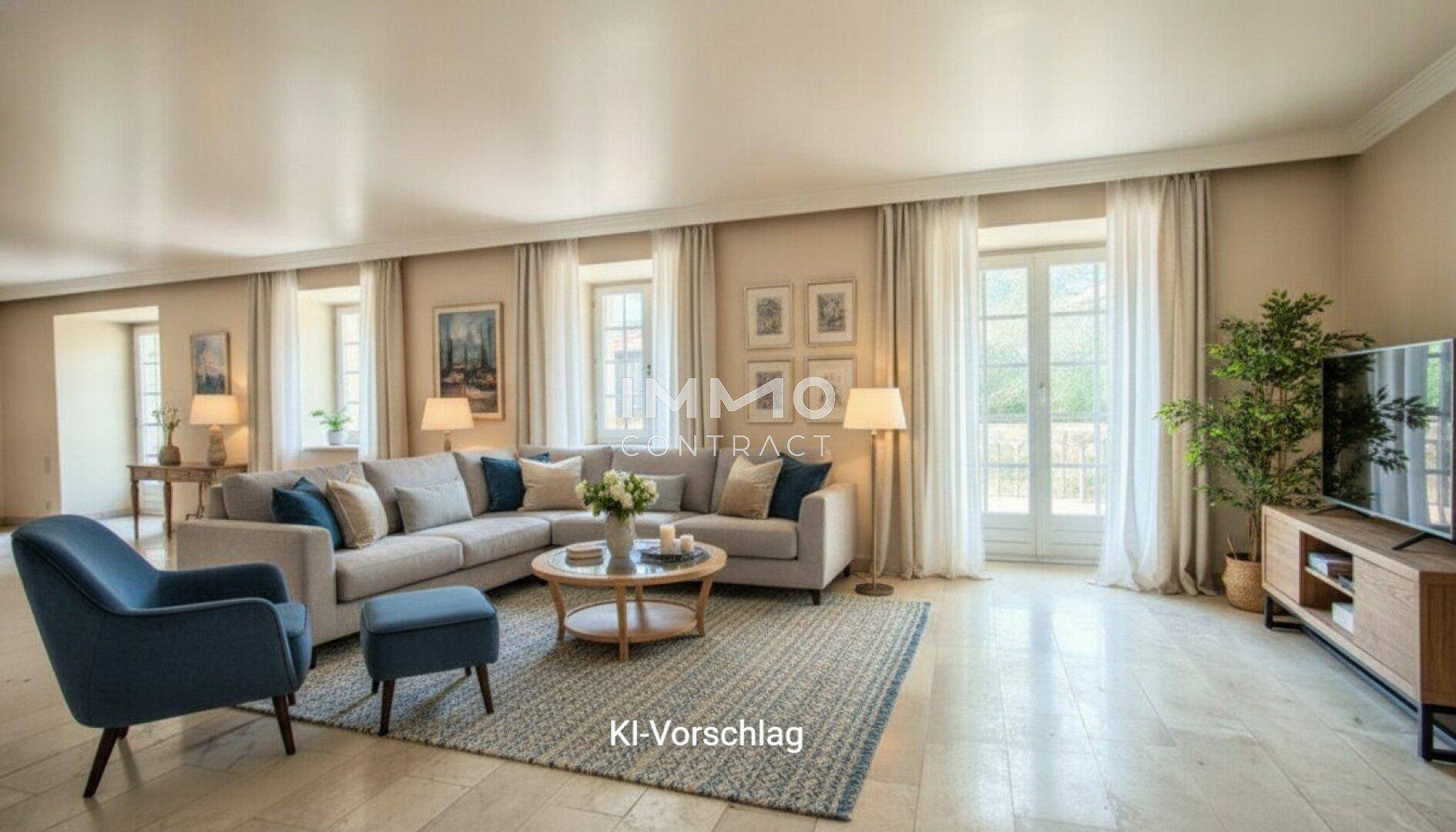 Virtuell inszeniertes Wohnzimmer mit modernem Sofa, Teppich und hellem Fliesenboden, einladend und stilvoll.