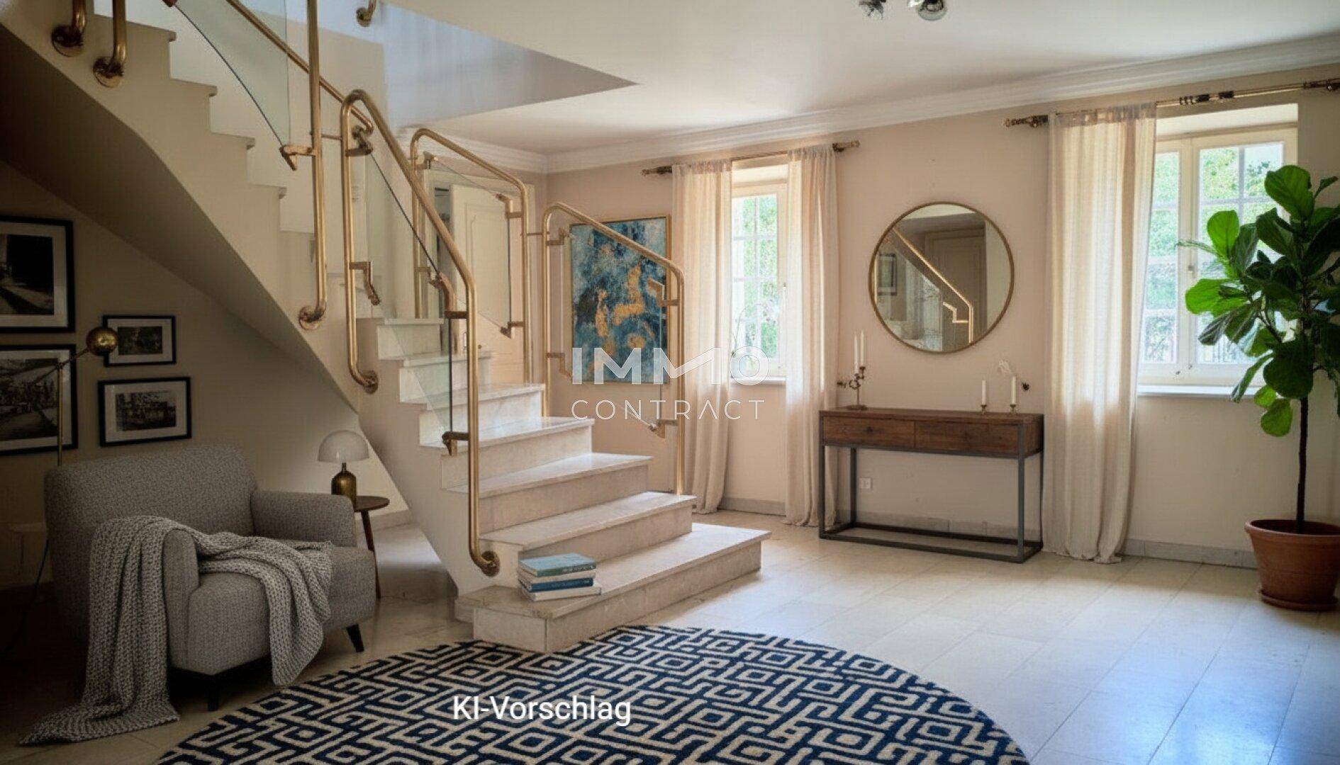 Virtuell inszenierter Eingangsbereich mit eleganter Treppe, modernem Teppich und stilvollen Möbeln.