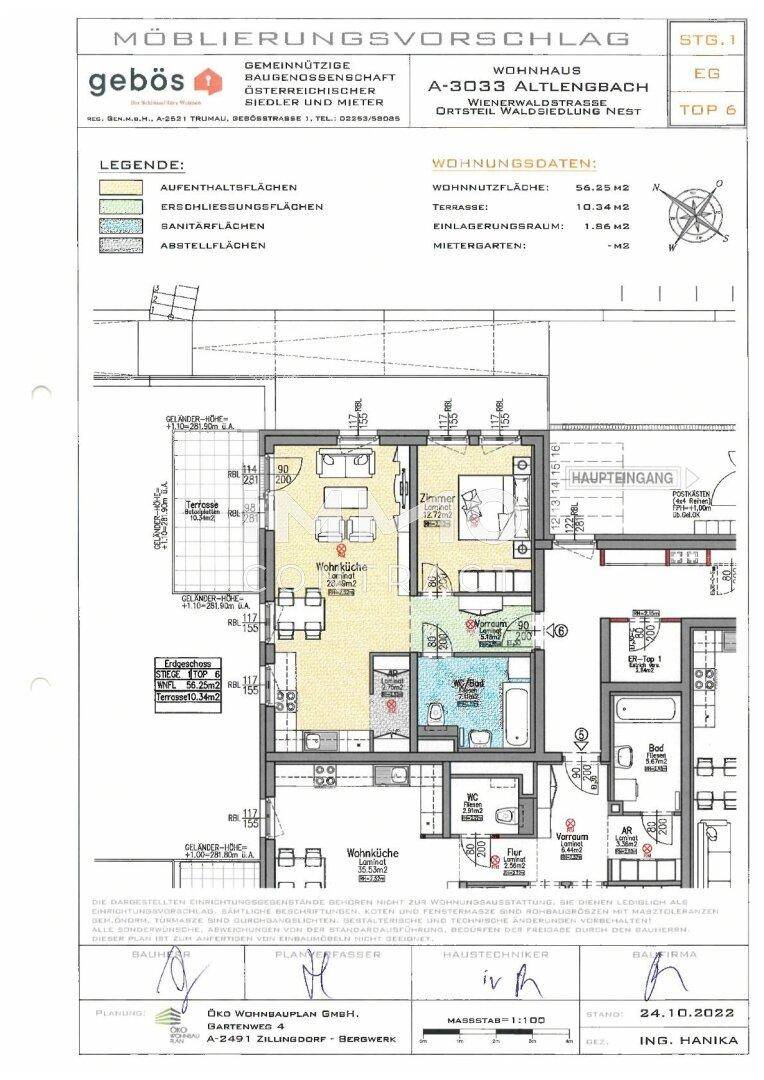 Detaillierter Grundriss mit Möblierungsvorschlag, offenem Wohnbereich und Terrasse.