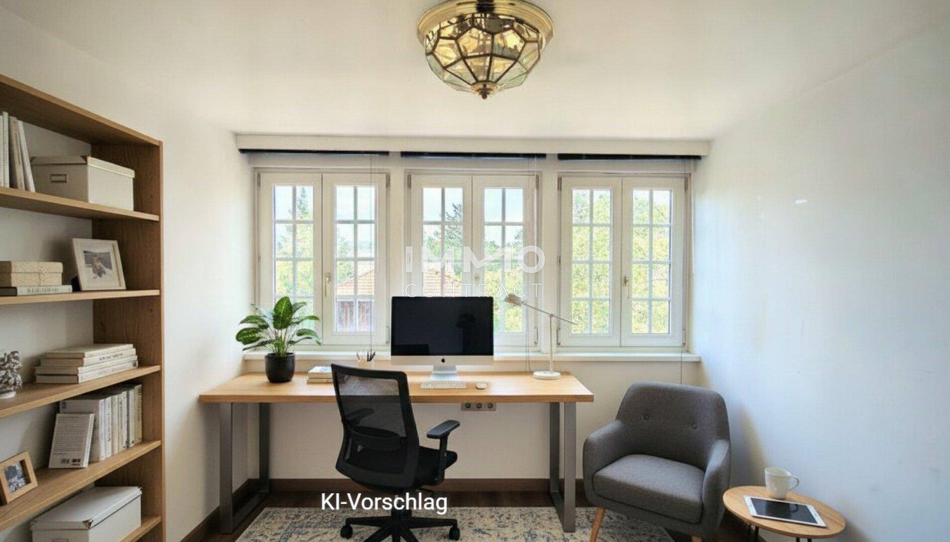 Virtuell inszeniertes Büro mit Schreibtisch, Stuhl und Bücherregal, hell und funktional gestaltet.